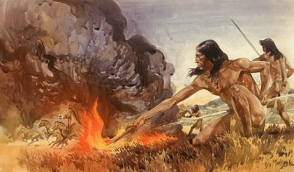 A header image featuring prehistoric cavemen cooking over fire